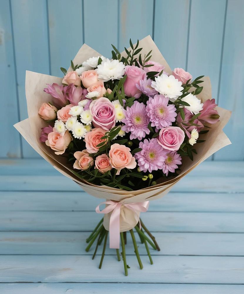 Букет цветов из: Хризантемы, Розы и Альстромерии в Ленинкенте