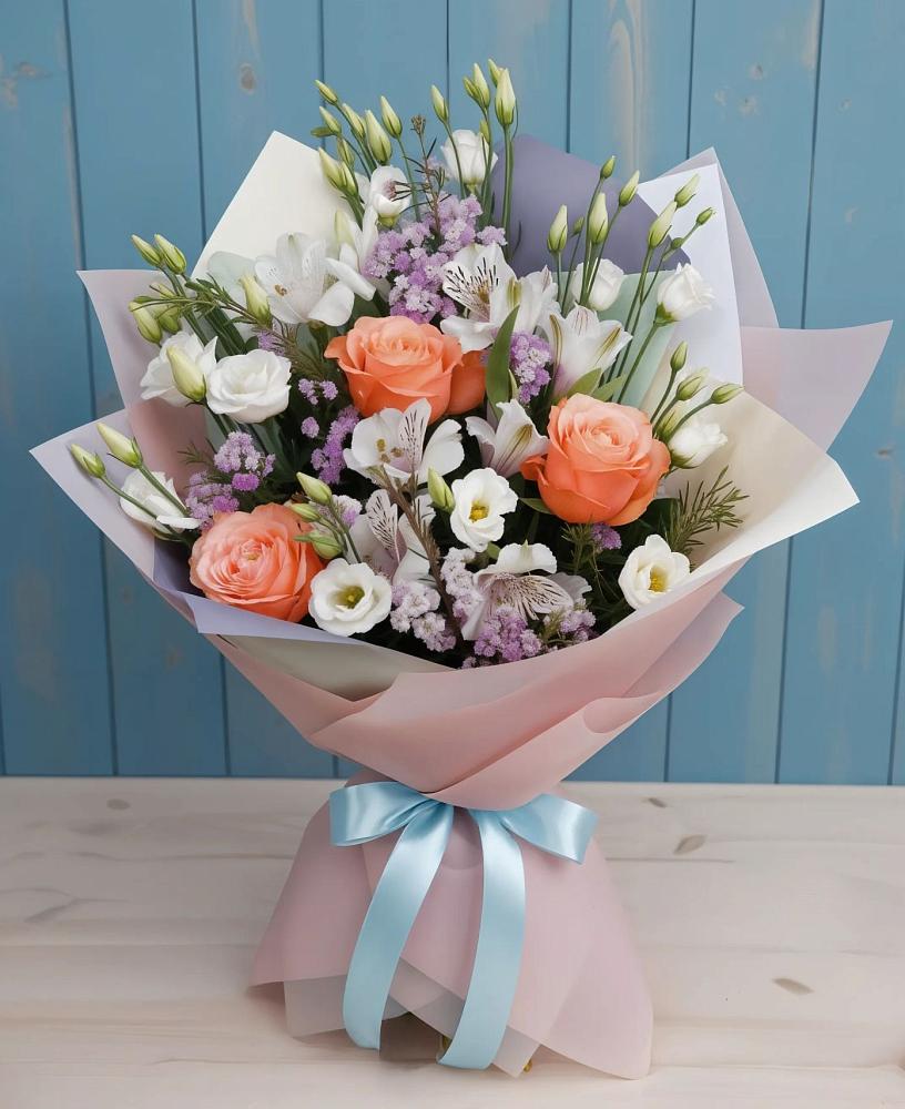 Букет цветов из: Лизиантусы, Розы, Альстромерии и Гипсофила в Ленинкенте