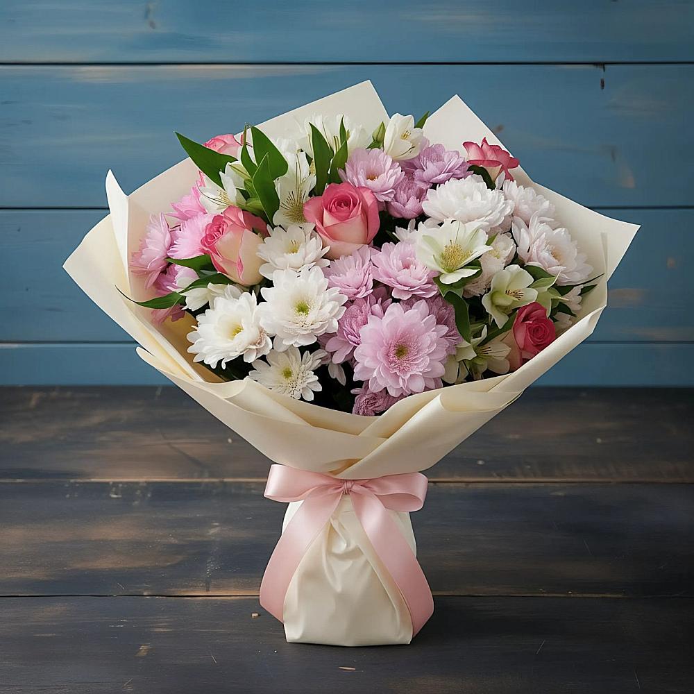 Букет цветов из: Хризантемы, Альстромерии и Розы в Ленинкенте